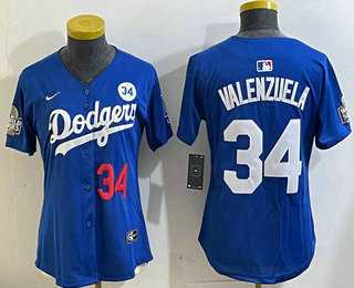 Womens Los Angeles Dodgers #34 Fernando Valenzuela Number Blue 2024 World Series With Fernando 34 Patch Limited Stitched Jersey